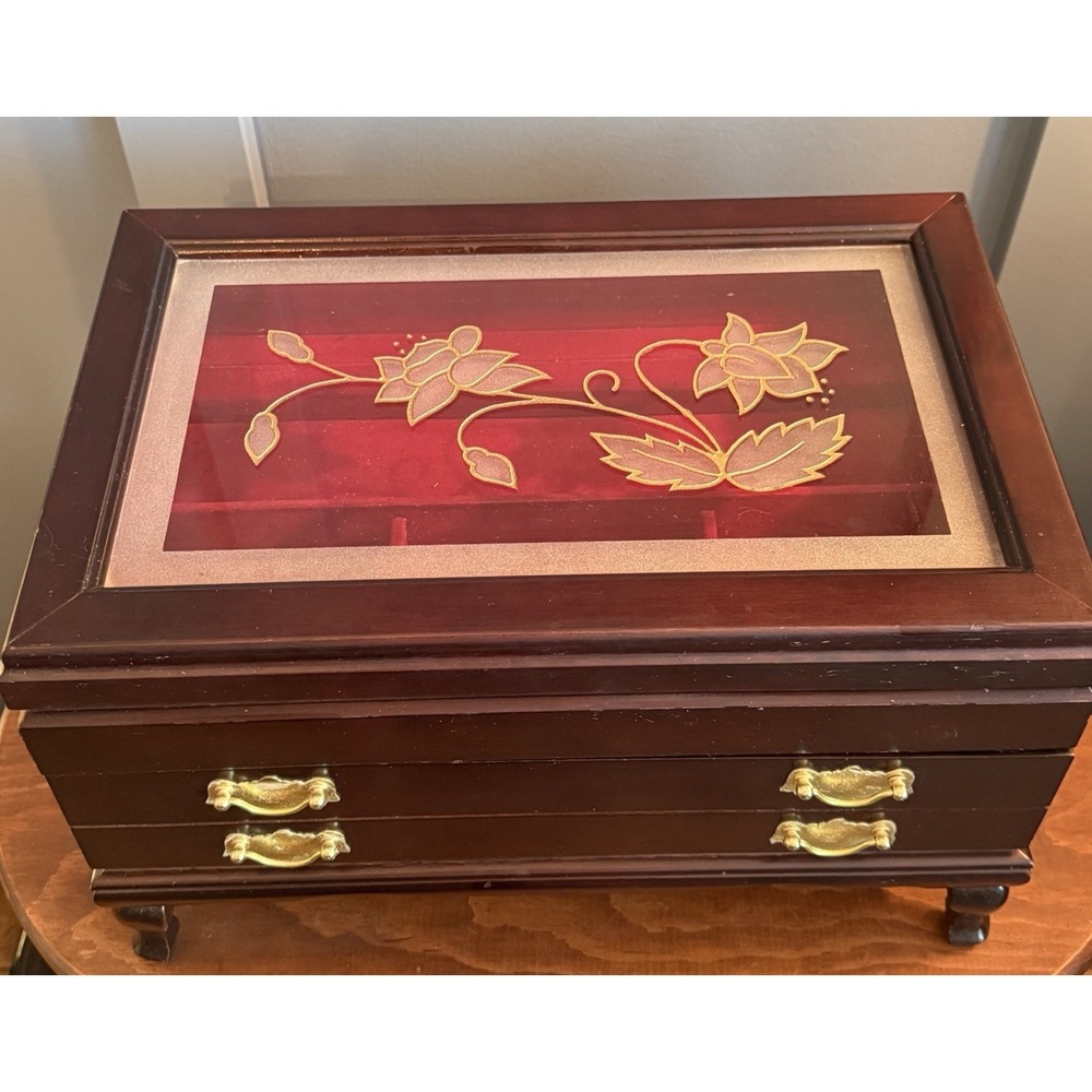 Rosalco Commodore Jewelry Box Chest Wood Etched Floral Glass Top Velvet Vintage